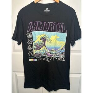 Faded Black Immortal Wave Graphic Tee Japanese Art T-Shirt Men's M